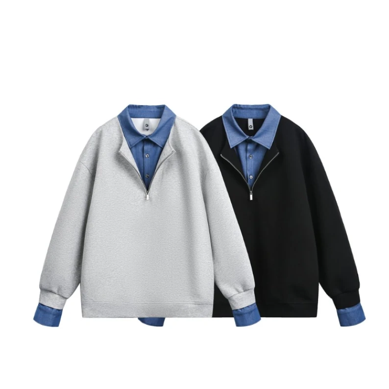 秋冬新款假两件半拉链翻领长袖男女同款卫衣时尚百搭