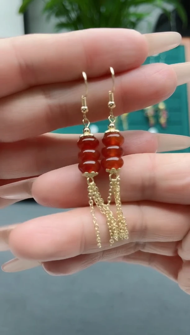 【闪购商品】南红玛瑙耳饰银S925镀金镶嵌983算盘珠