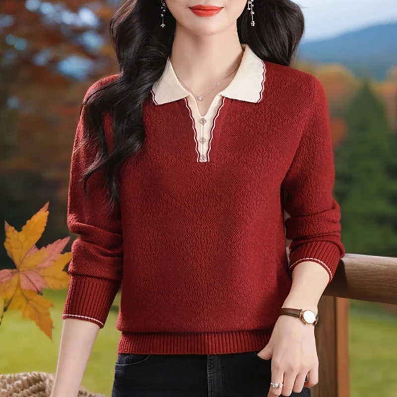 【绵羊毛】洋气秋冬新款POLO领套头长袖百搭显瘦毛衣女针织衫妈妈装