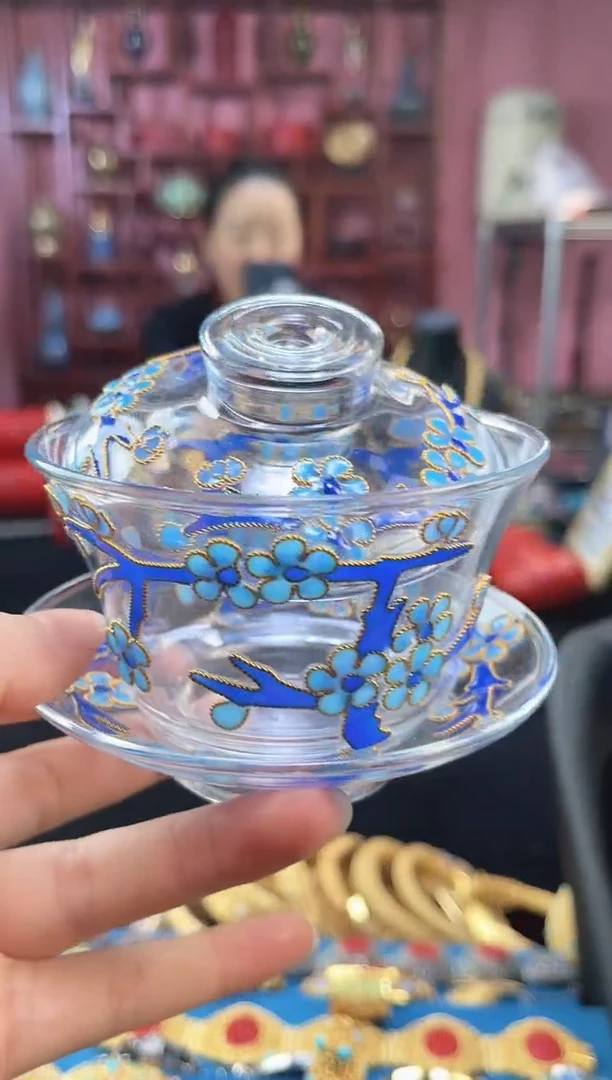 非遗 精品玻璃三才盖碗 蓝