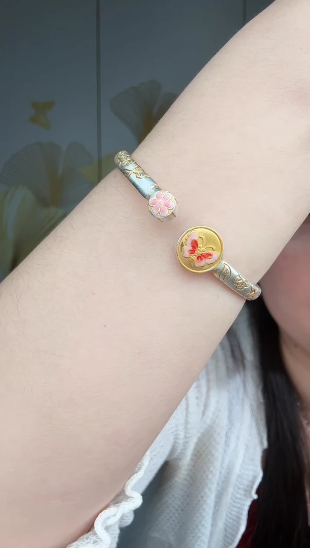 无足银开口蝴蝶描金手镯（红色蝴蝶）