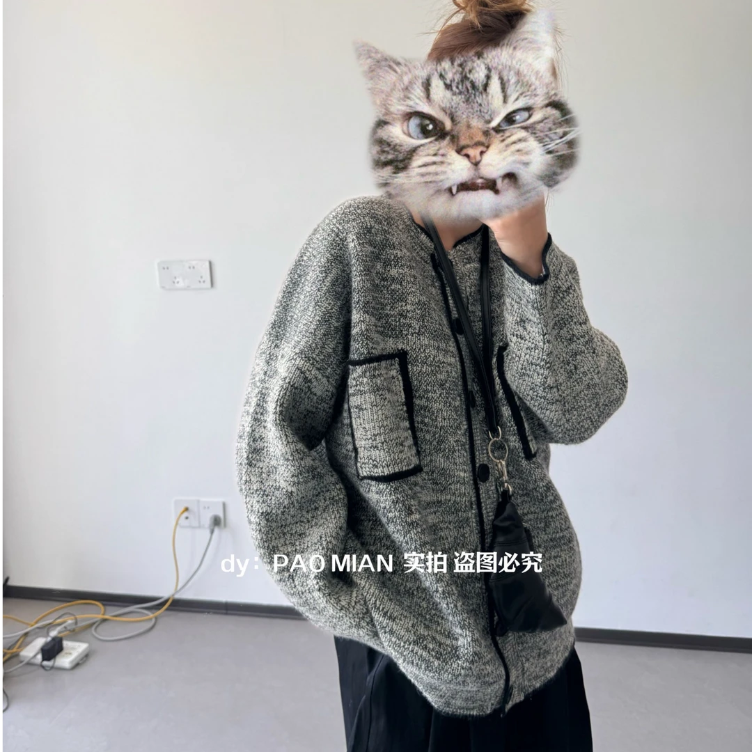 【PAOMIAN】秋冬季开衫雪花毛衣外套女宽松针织长袖洋气高贵上衣