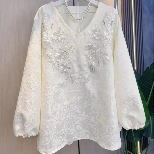 欧货气质时尚洋气长袖百搭重工V领衬衫上衣