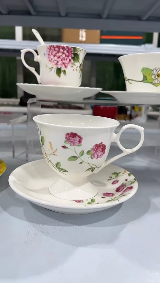 杯子骨瓷（简装）高脚玫瑰咖啡杯碟一套+小勺