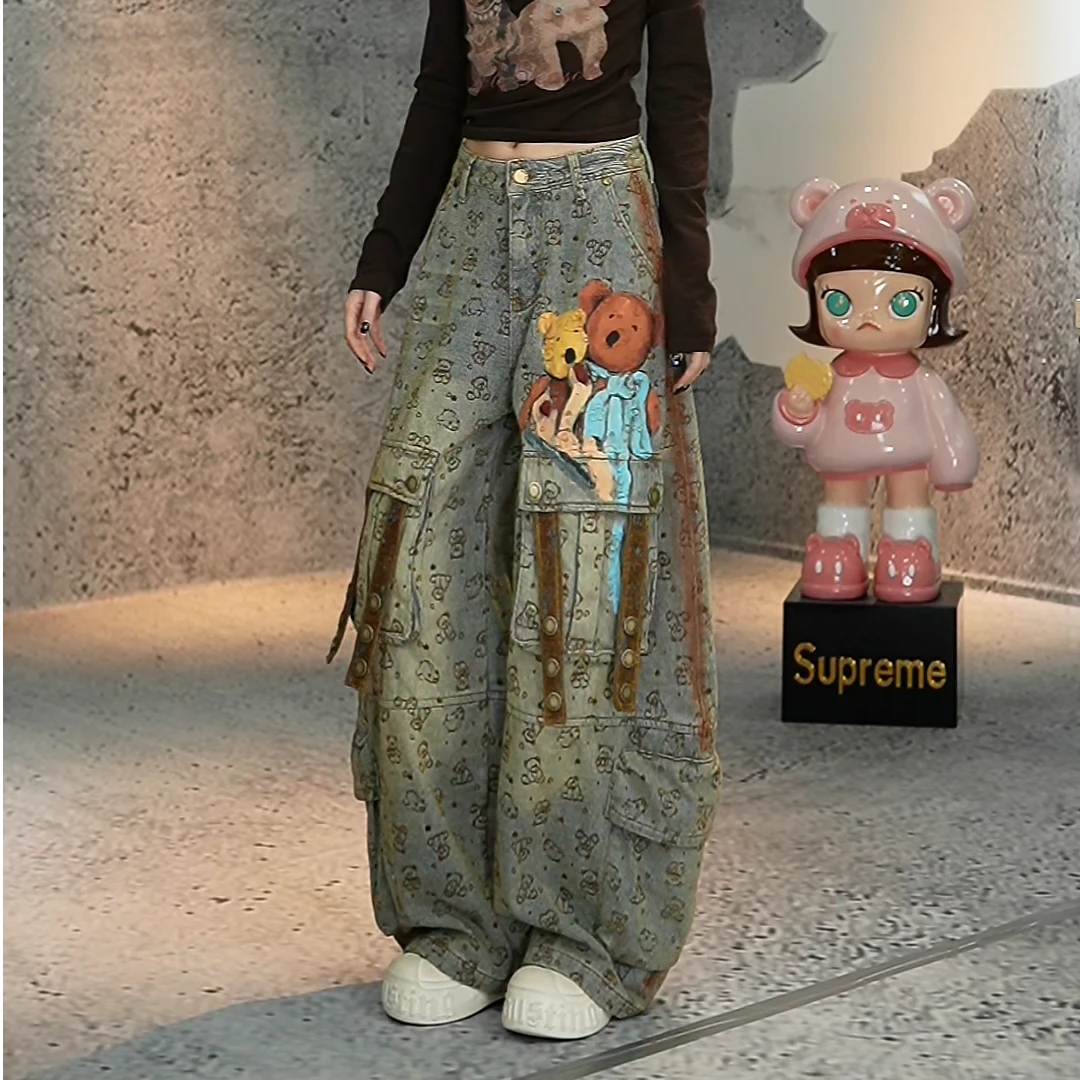 加绒抓毛2025冬季新款潮酷原创设计小熊提花弯刀牛仔裤女百搭裤子
