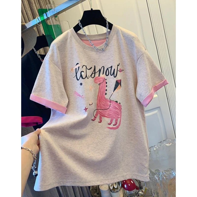 6295美式撞色恐龙宽松休闲短袖T恤上衣女装春季夏季新款今年流行