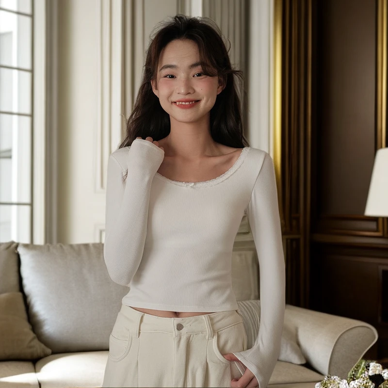 U型领抗皱蕾丝前后两穿长袖韩版休闲风纯欲风拼接T恤