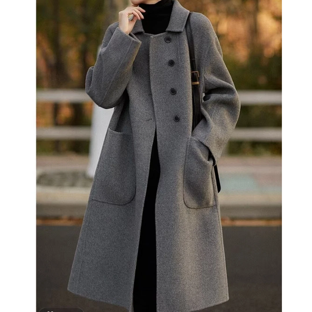 2025双面绒时尚直下摆长款秋冬纯色气质双面绒外套法式女士2515