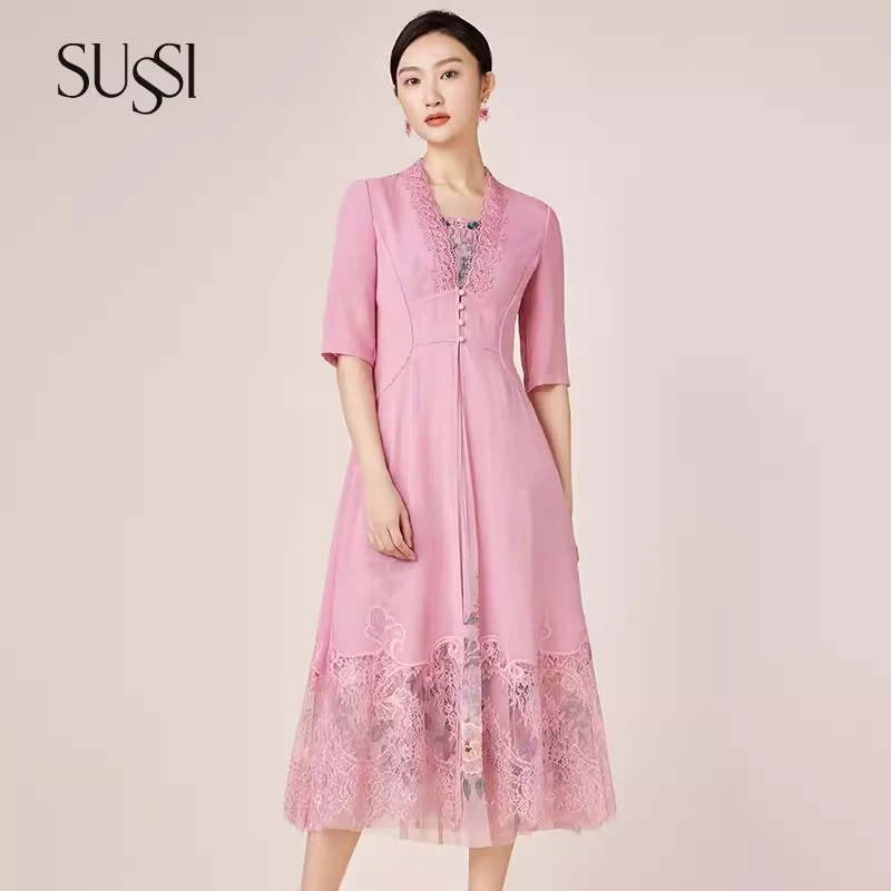 SUSSI/古色春季外套粉色蕾丝中袖长款开衫空调衫外套女薄荷曼波