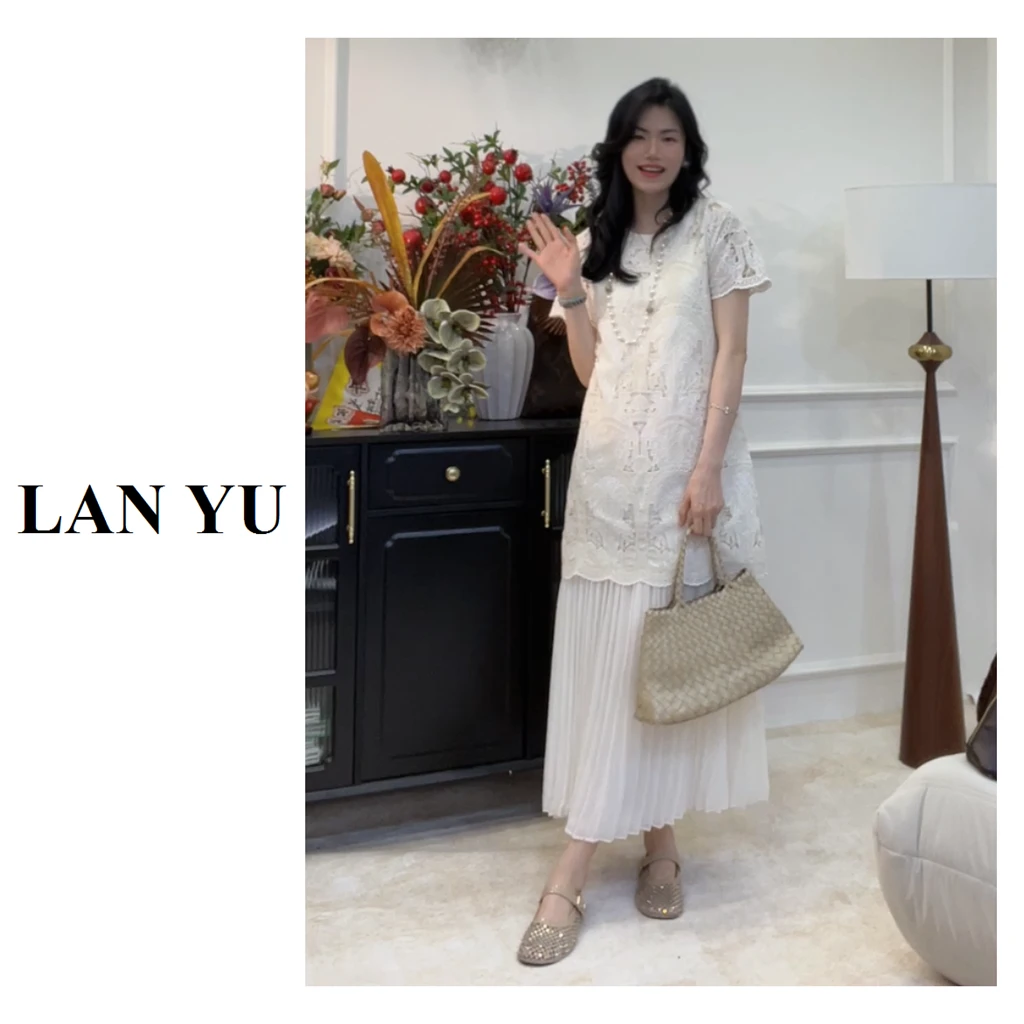 小个子/常规【温文尔雅】重工定制刺绣拼接百褶裙假两件短袖连衣裙