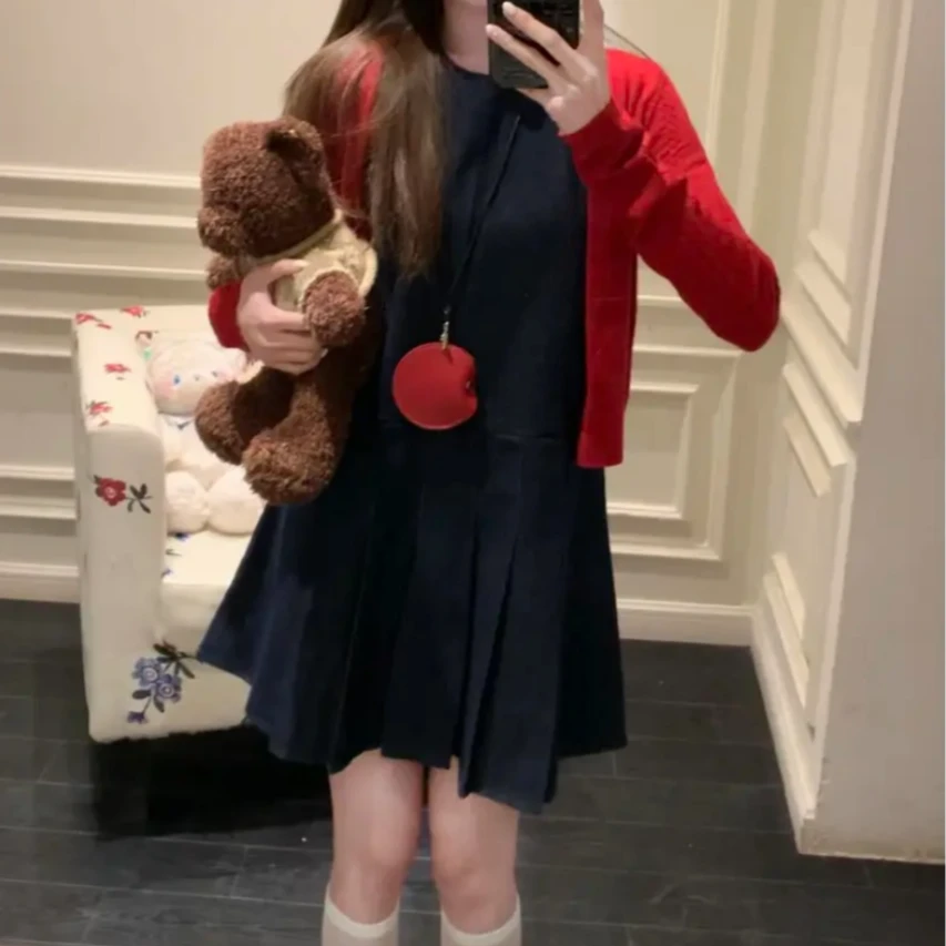 【丹宁少女】复古文艺圆领宽松短款A字百褶无袖百搭牛仔背心裙6607