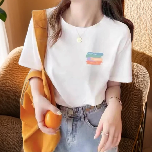 【T恤】夏季男女时尚休闲简约百搭半截袖白色圆领半袖印花-五彩字母
