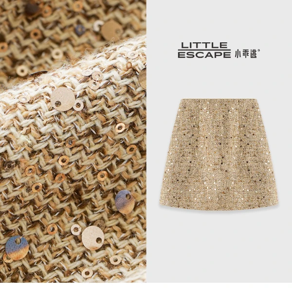 小乖逃设计款卡其色半裙闪闪高腰洋气秋冬显瘦百搭款N95363