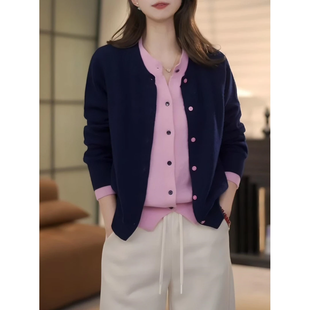 韩版减龄撞色假两件毛衣女2025新款春秋长袖气质洋气针织衫上衣潮