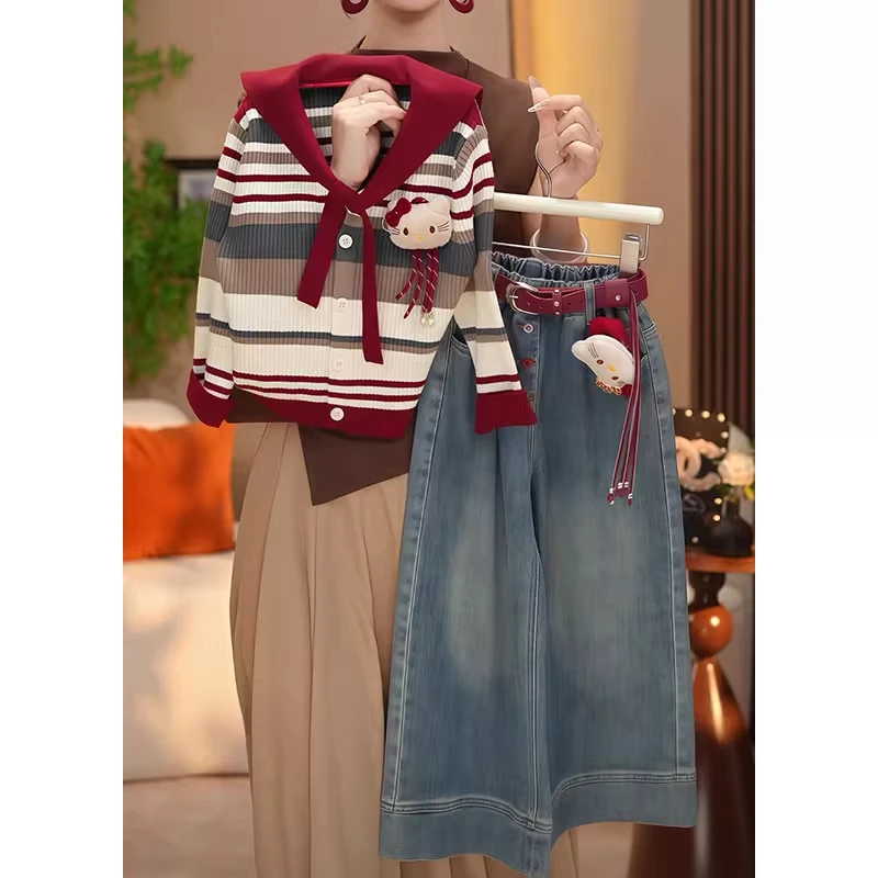 女童海军领条纹毛衣牛仔裤套装2025新款春秋款针织开衫外套阔腿裤