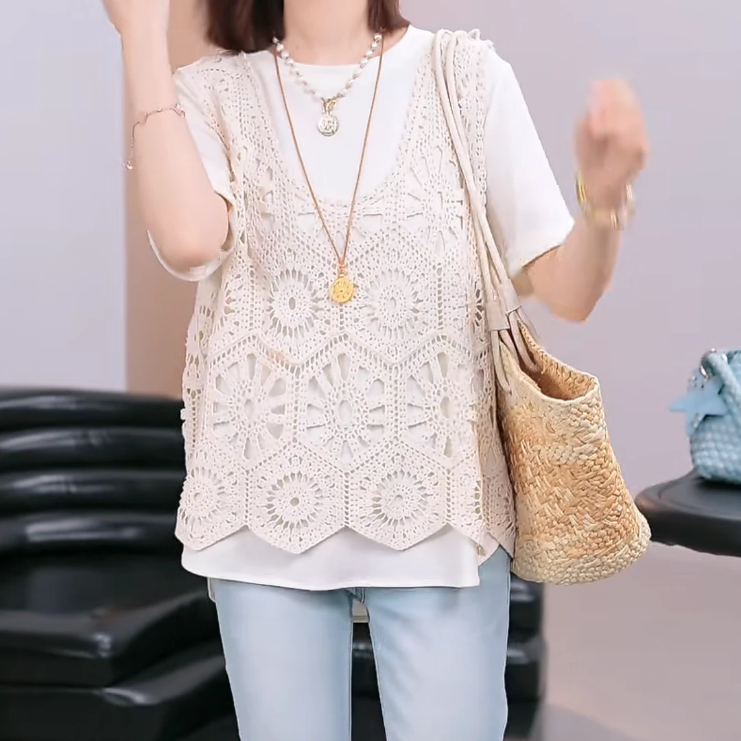 2025新款夏季慵懒风设计感钩花镂空罩衫+垂顺亲肤百搭短袖T恤套装