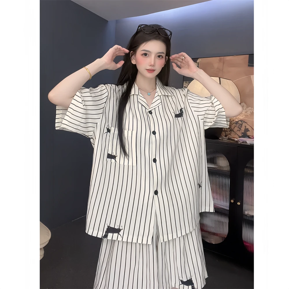 【高傲小狗】简约条纹云朵棉宽松版短袖睡衣小翻领夏薄款家居服女