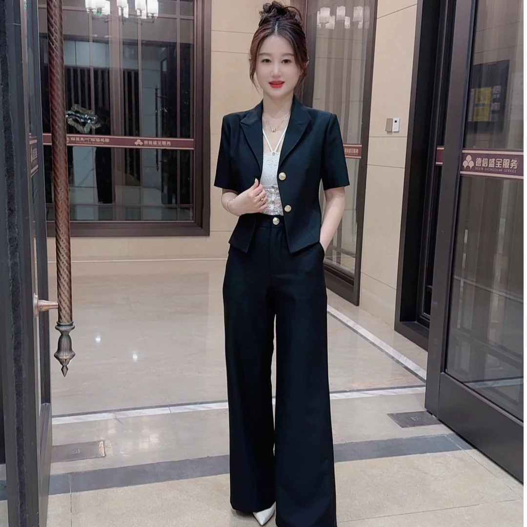 新款爆款女黑色短袖袖气质职业休闲西装夏天西服垂感短款西装套装