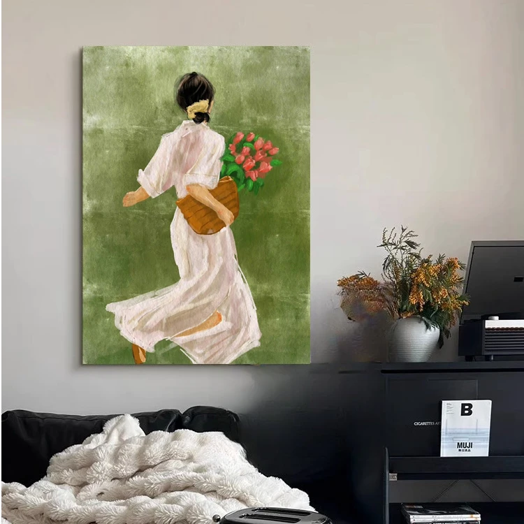 【东方画廊】中古风美式无框装饰画花季少女人物玄关绿色复古挂画