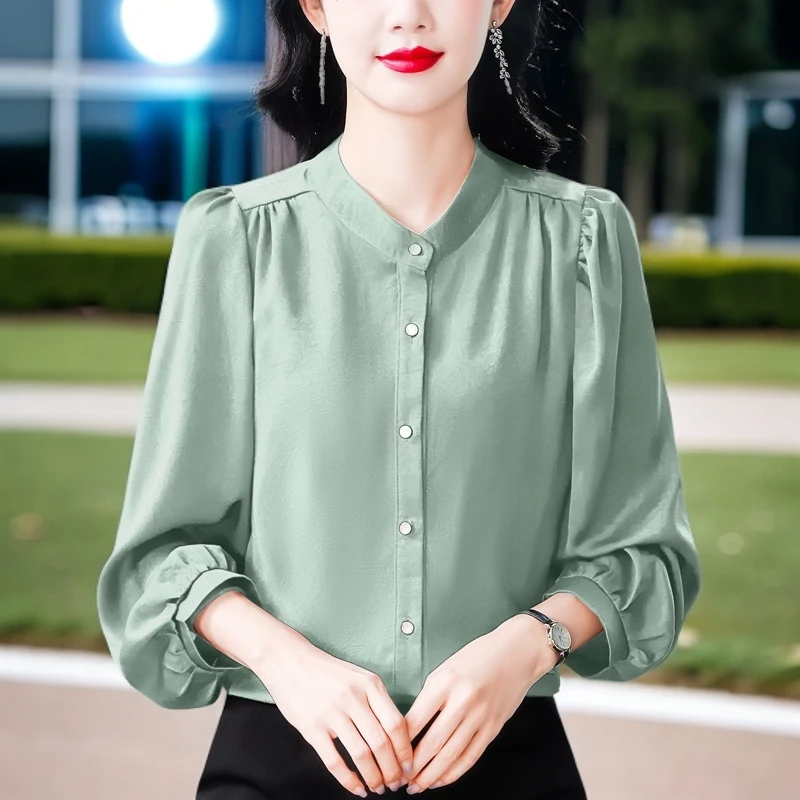 2025法式轻奢暗纹提花显瘦气质立领长袖早秋简约灯笼袖女士上衣