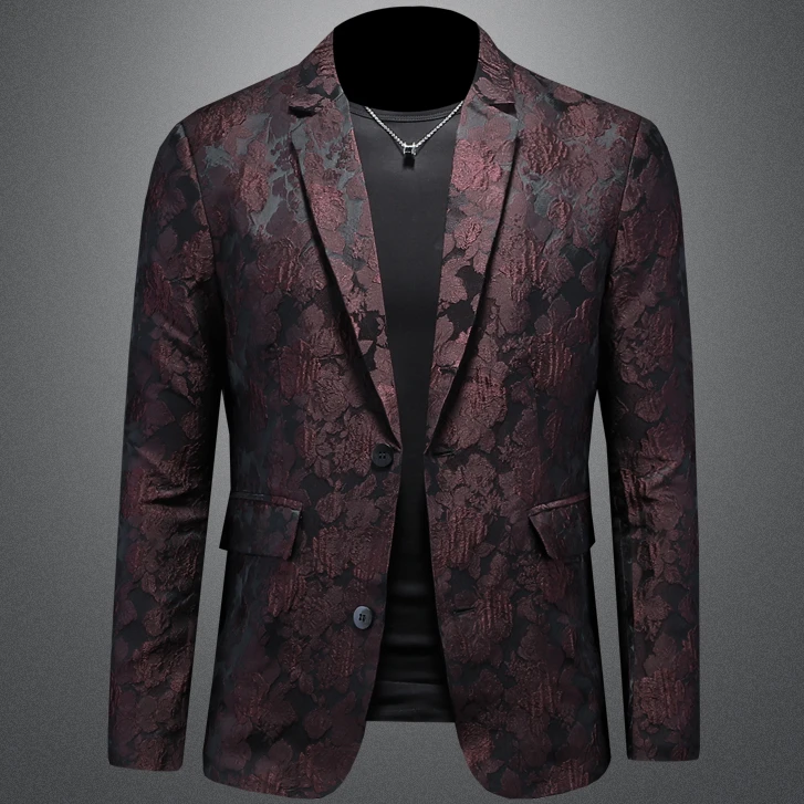 贾鲁萨加高端时尚春秋提花西装男士潮牌翻领压花修身大码休闲外套