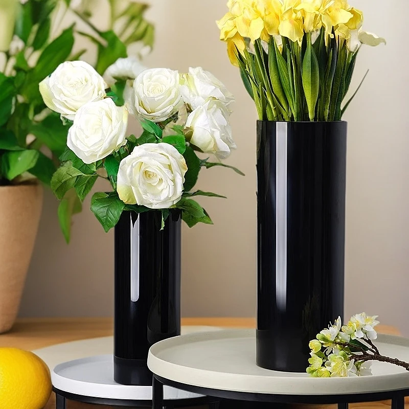 法式现代简约玻璃黑色直筒高级感花瓶家用水培高颜值摆件ins风