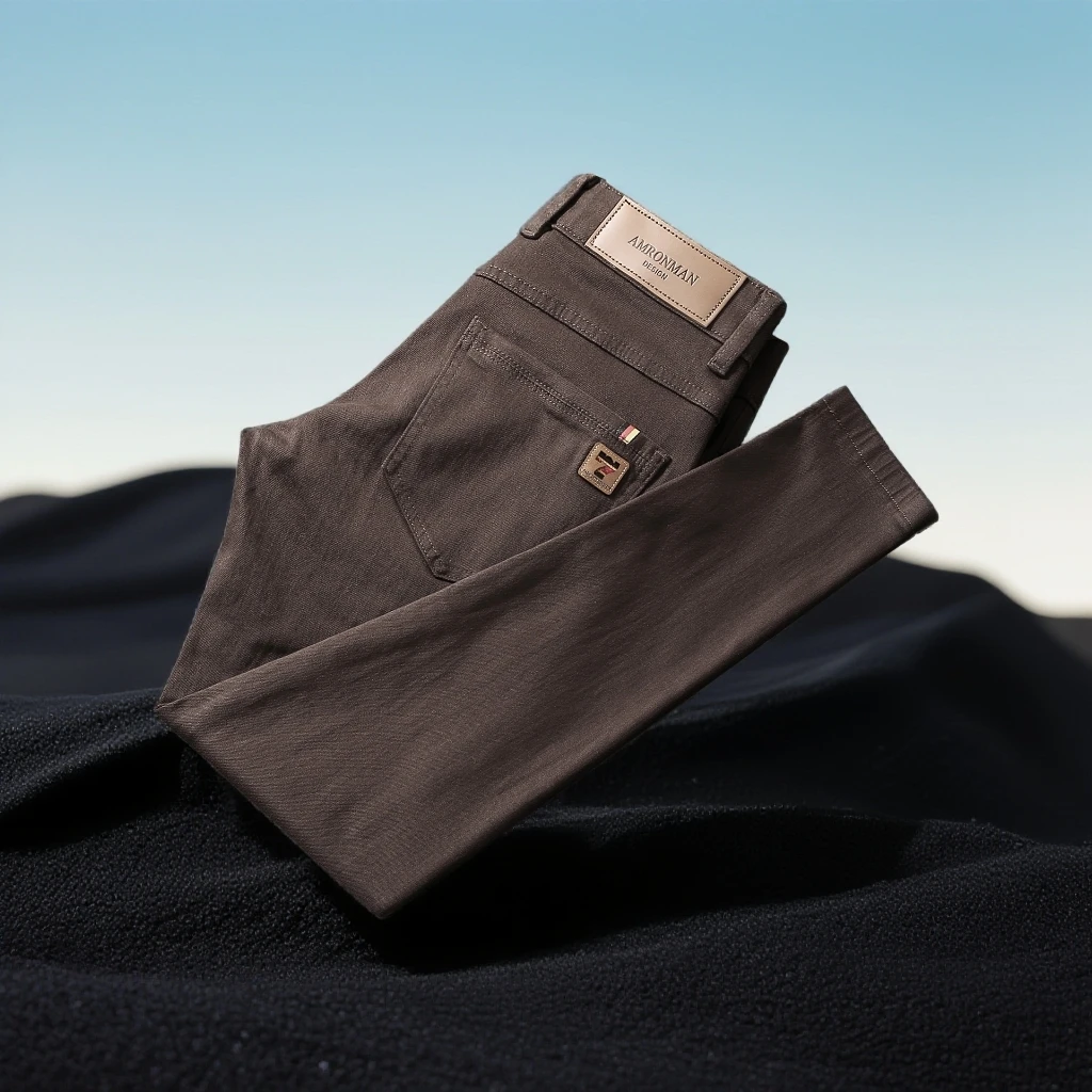 巴赛娜缇秋冬新款咖啡色牛仔裤男休闲微弹修身简约中青年商务长裤