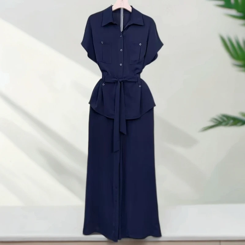 韩系短袖衬衫套装女夏季新款轻熟风通勤宽松阔腿裤休闲两件套M115