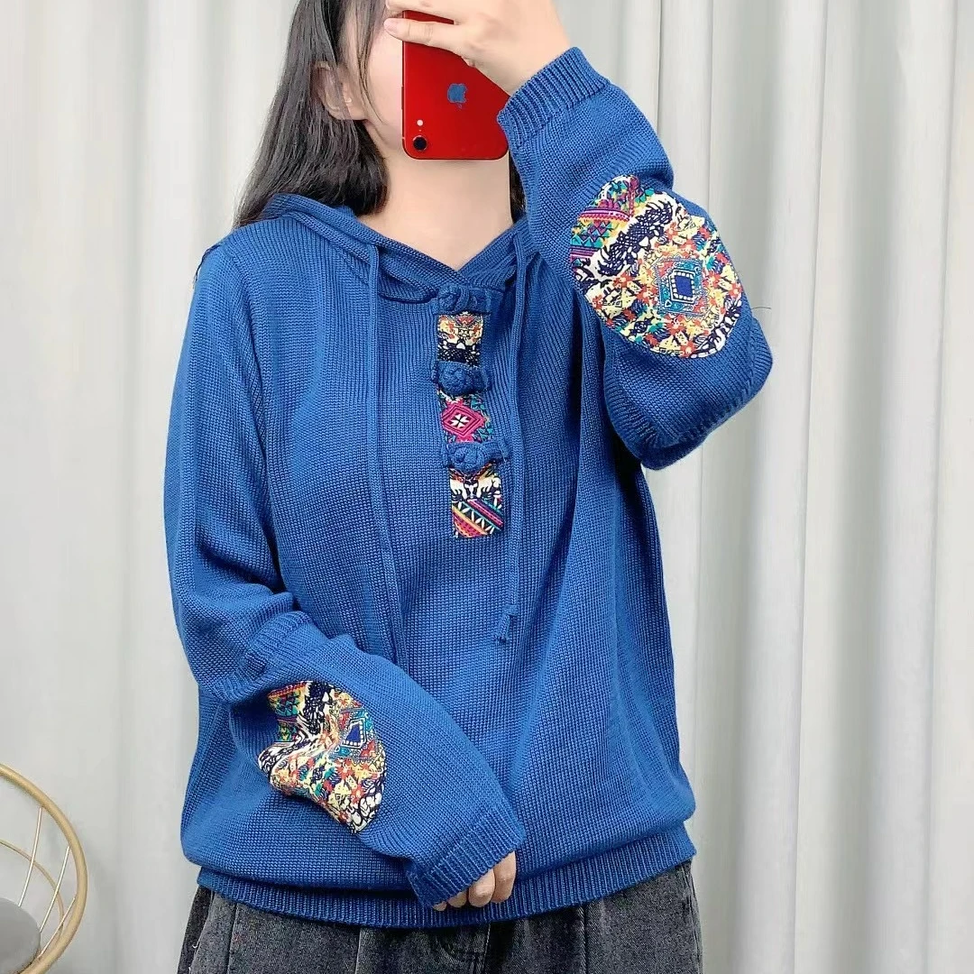 919675贴布连帽毛衣复古百搭带帽时尚