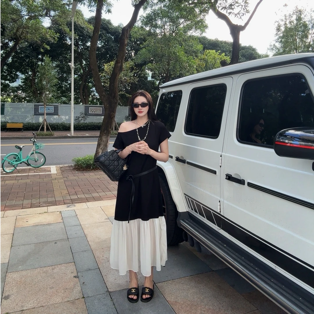 腰带下拼纱T裙黑