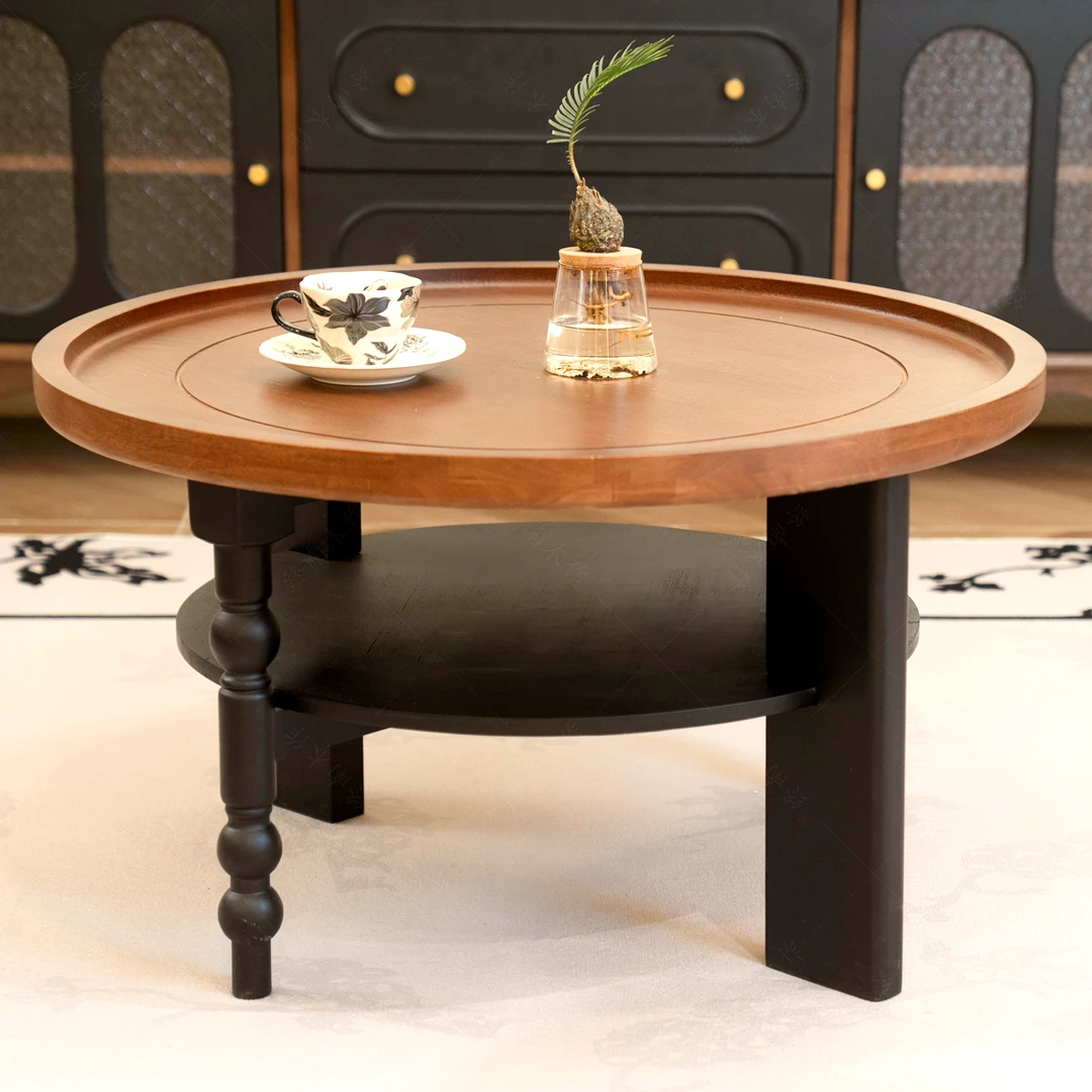 法式复古茶几中古风茶几法式圆形喷漆大气家用客厅茶几卯榫桌子