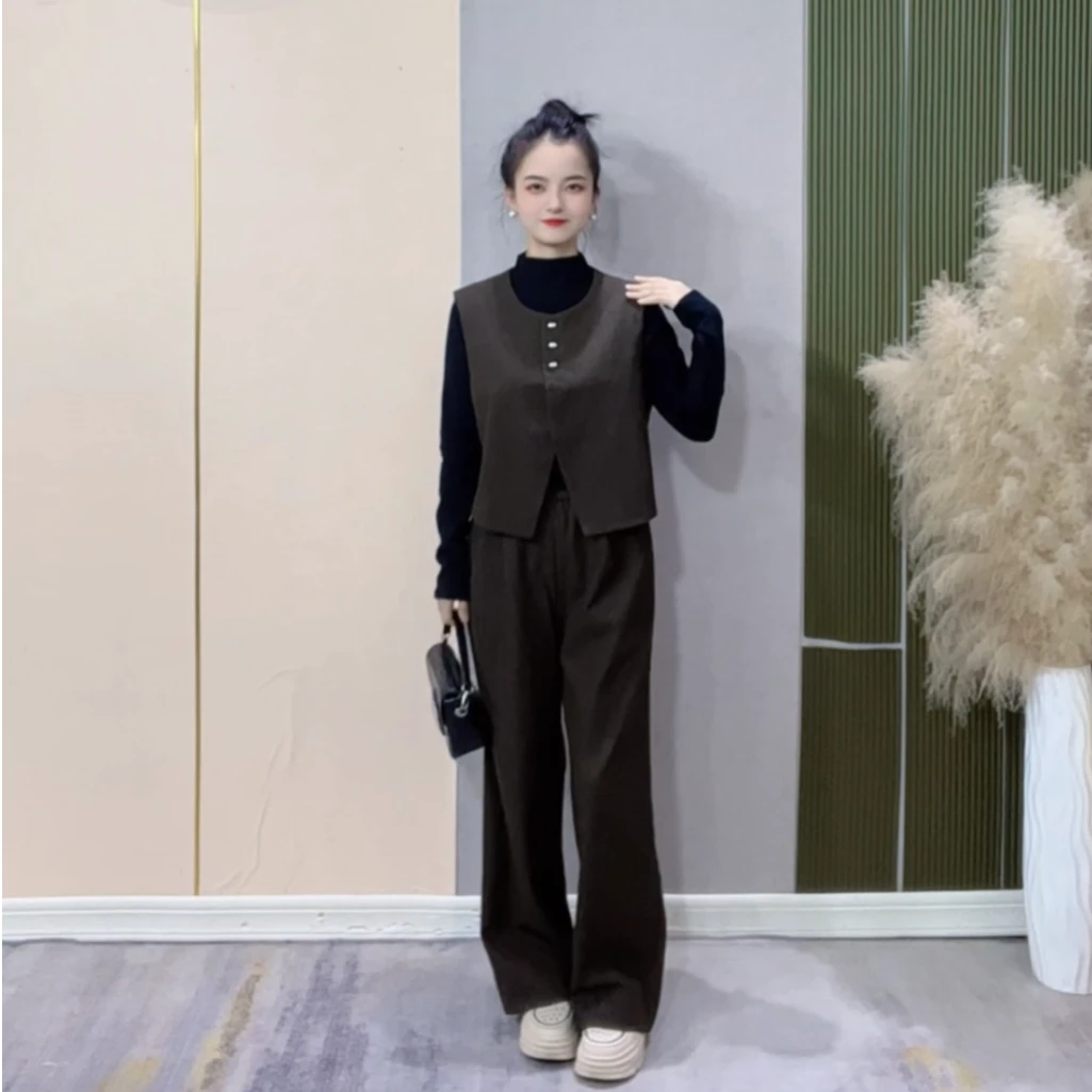 【暮色简韵】2025秋小个子半高领打底时尚马甲高腰阔腿裤套装