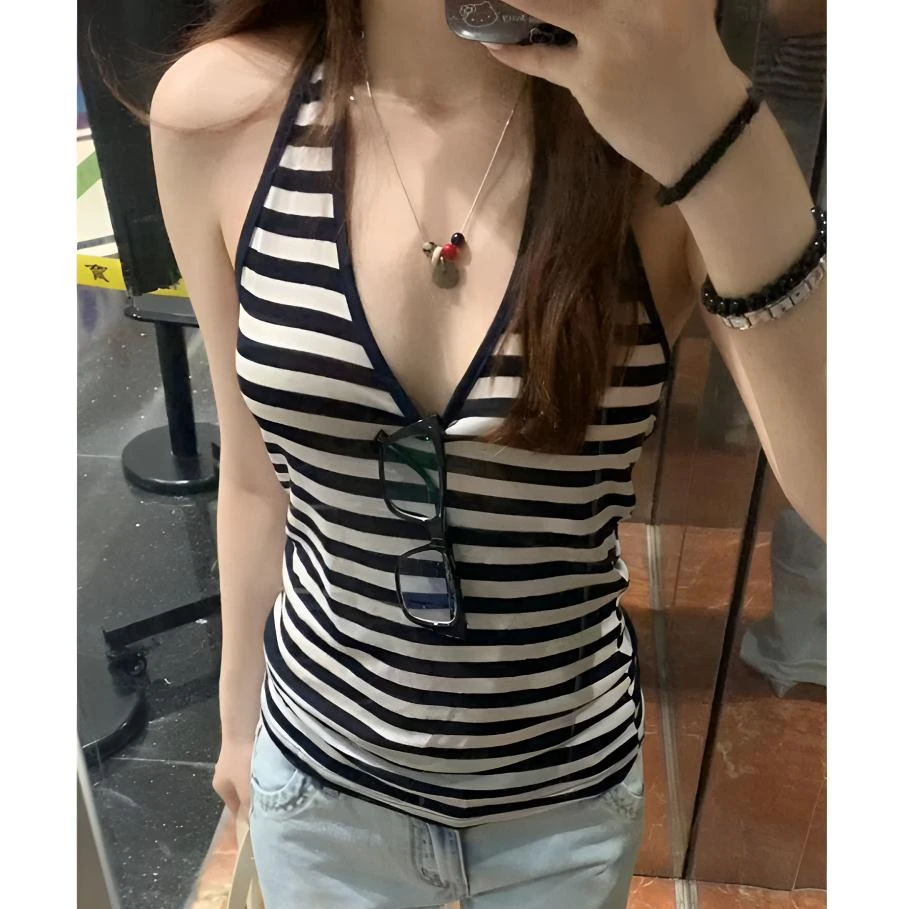 纯欲风辣妹条纹挂脖吊带背心女夏季修身显瘦独特别致露背无袖上衣