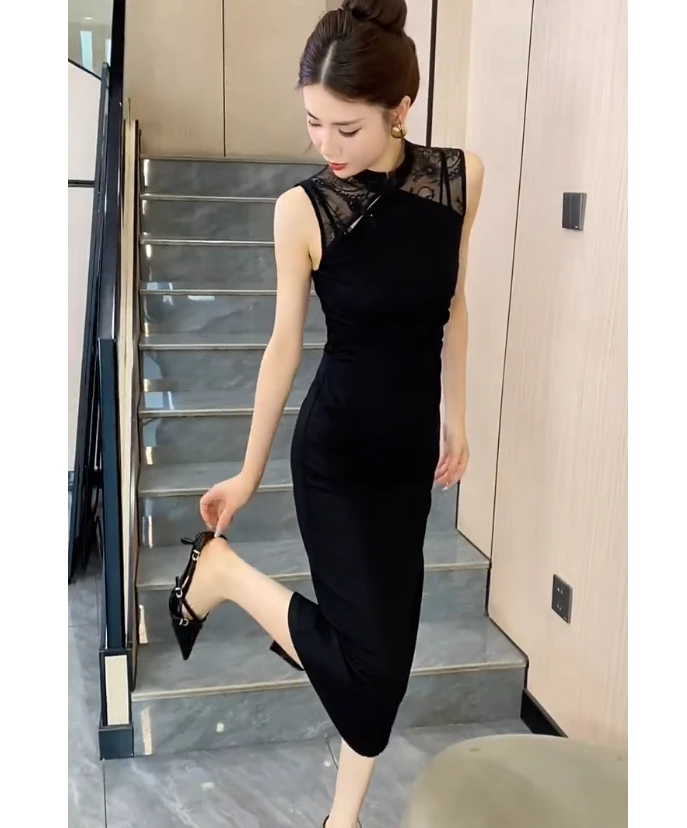 新中式纯色连衣裙清冷修身黑色露背洋气长款设计连衣裙