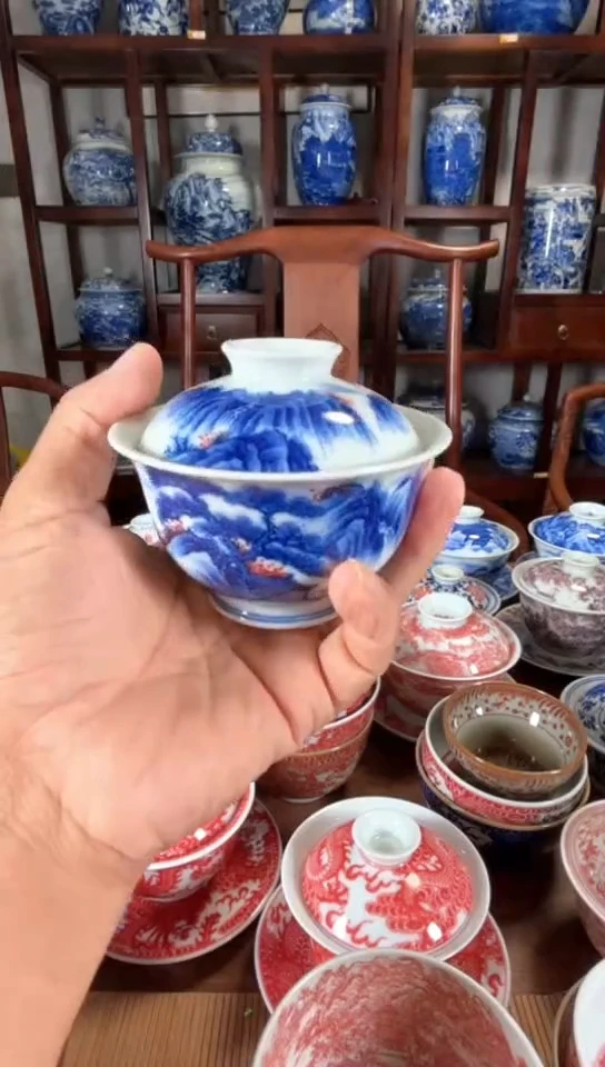 柴窑青花山水两才盖碗