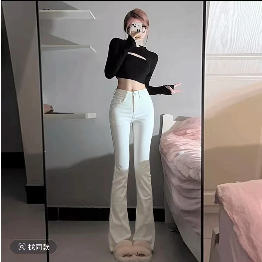 裤长116cm设计感时尚百搭显瘦白色微喇高腰紧身休闲微喇叭牛仔裤
