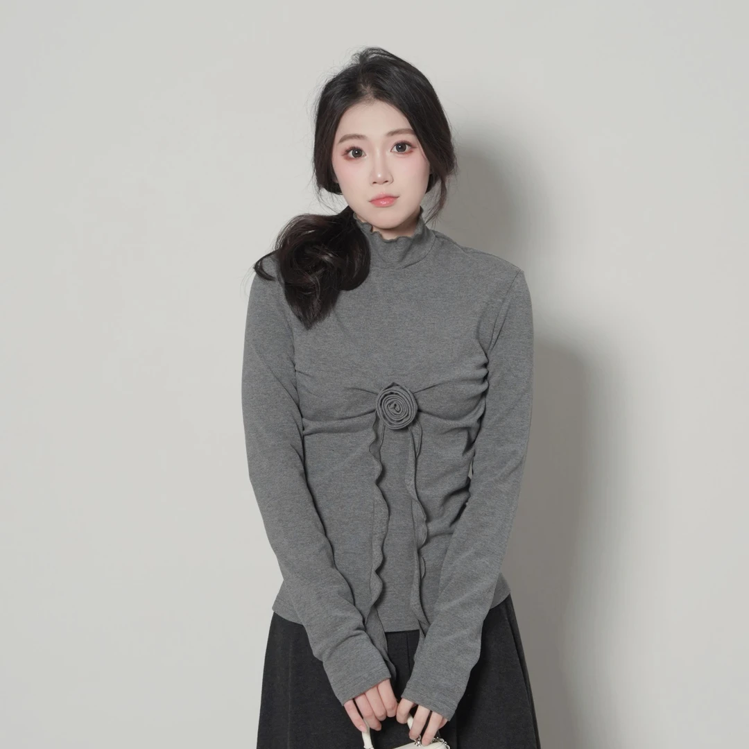 三福 冬季高领玫瑰花套头时尚休闲百搭长袖打底秋冬上衣 519741