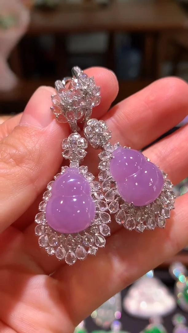 18K金镶嵌翡翠耳饰紫罗兰红椿紫葫芦耳坠吊坠两用