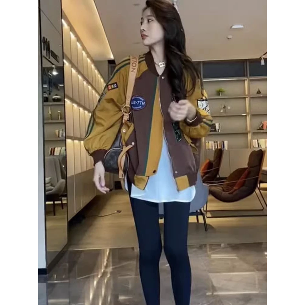 2025年春季新款复古撞色拼接棒球服女小个子女士短外套夹克冲锋衣