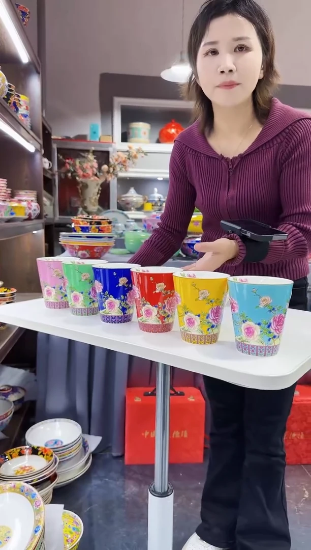 珐琅 牡丹花卉杯子6只装景德镇陶瓷