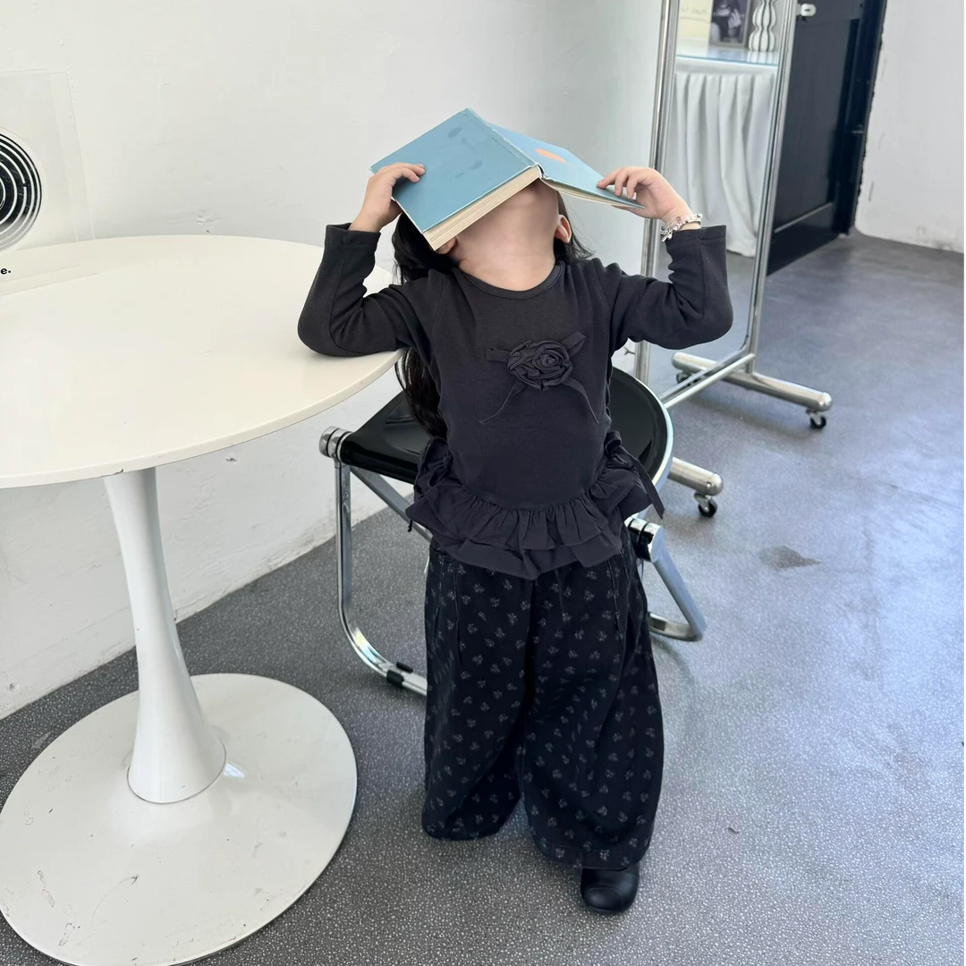 《现货》女童2025秋季新款韩版休闲荷叶边长袖T恤碎花阔腿裤套装