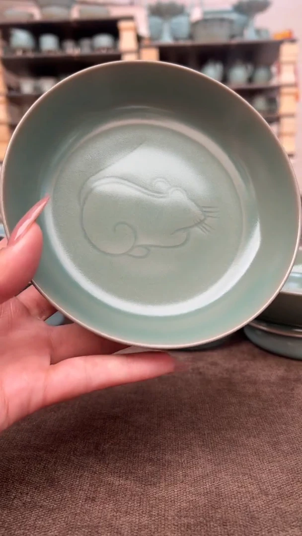 瓷片仿古翡翠绿釉鼠纹洗微瑕2
