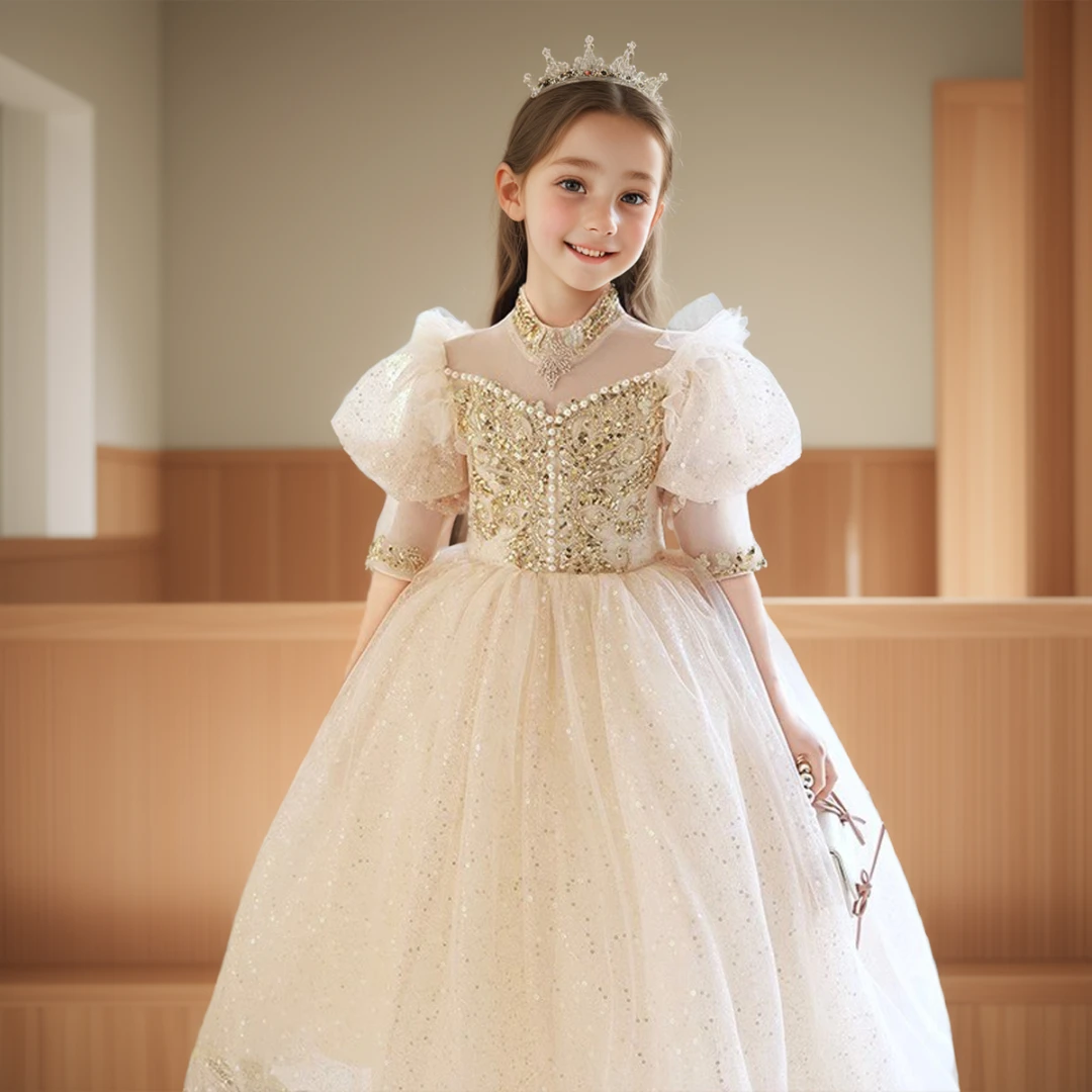 女童香槟色礼服裙公主裙生日蓬蓬纱裙儿童小主持人钢琴演奏演出服