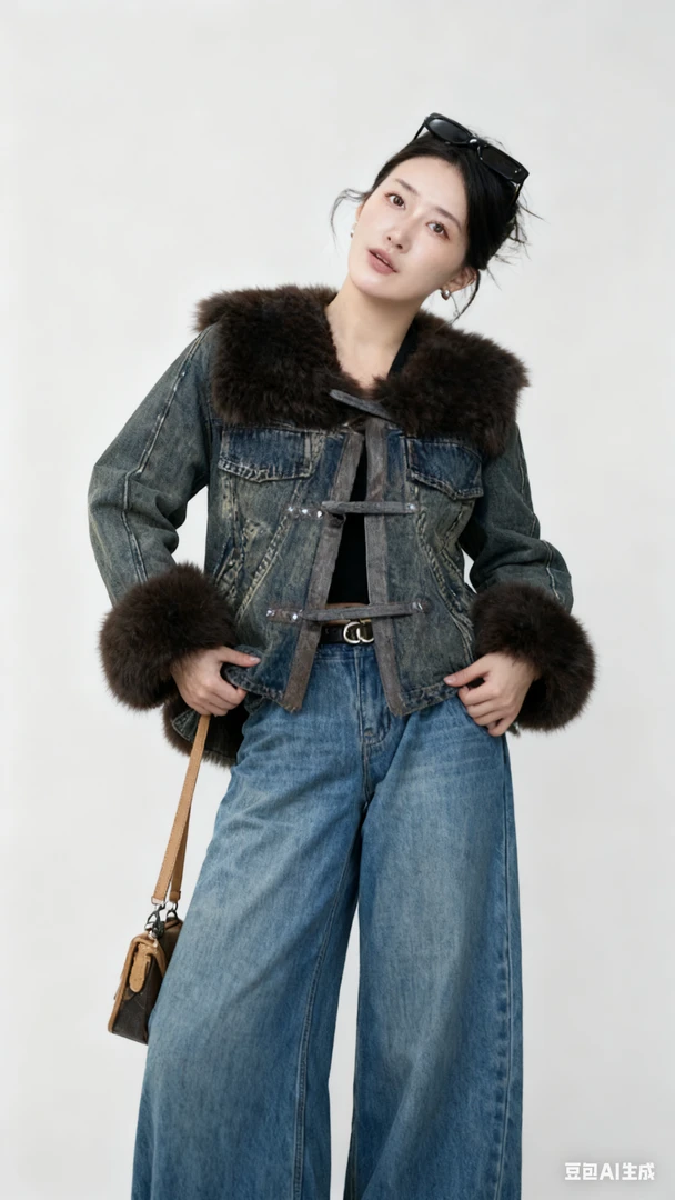 短款修身型常规做旧牛仔设计师冬季真毛领外套