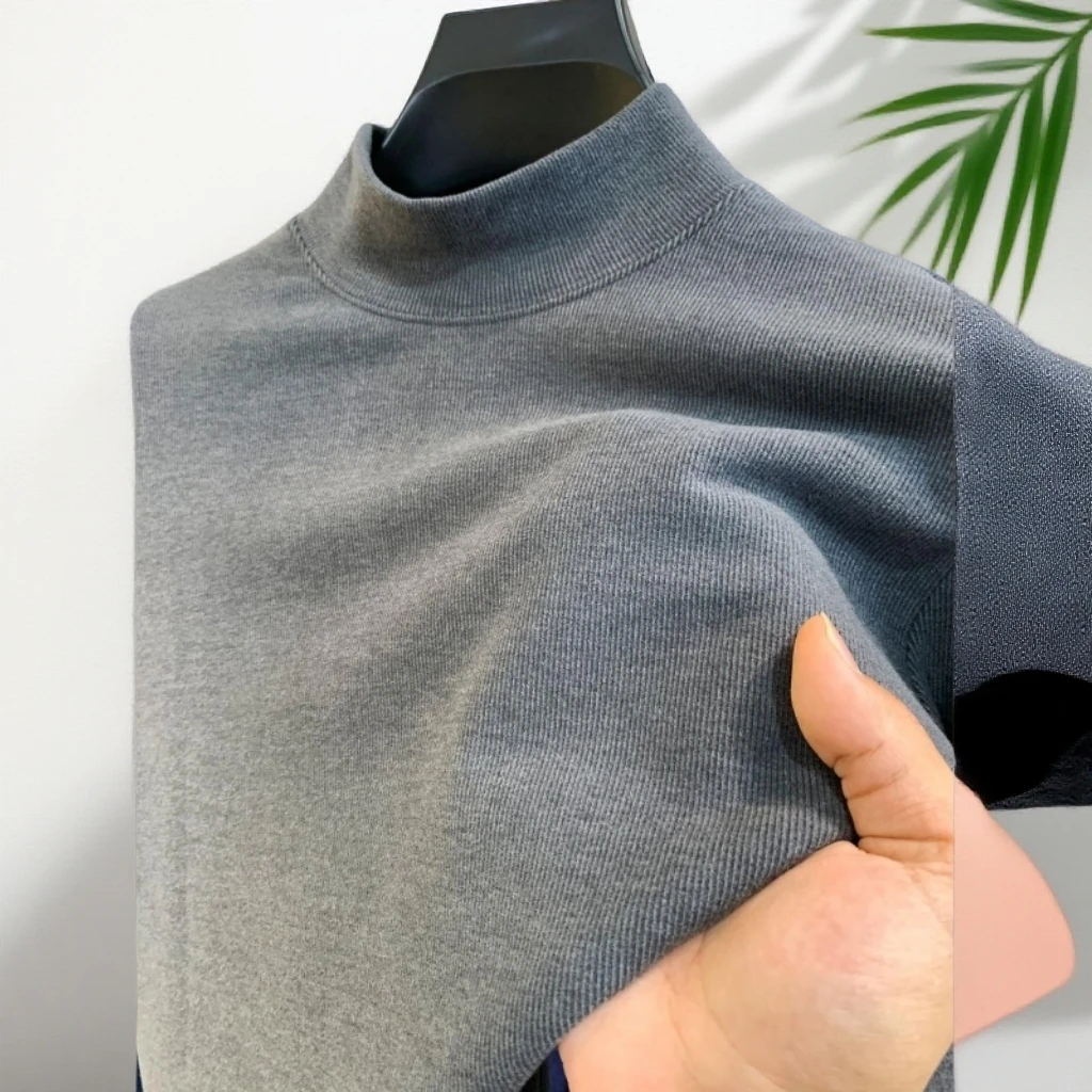 高领双层磨毛男士毛衣秋冬圆领针织T恤修身百搭拼接长袖打底衣衫