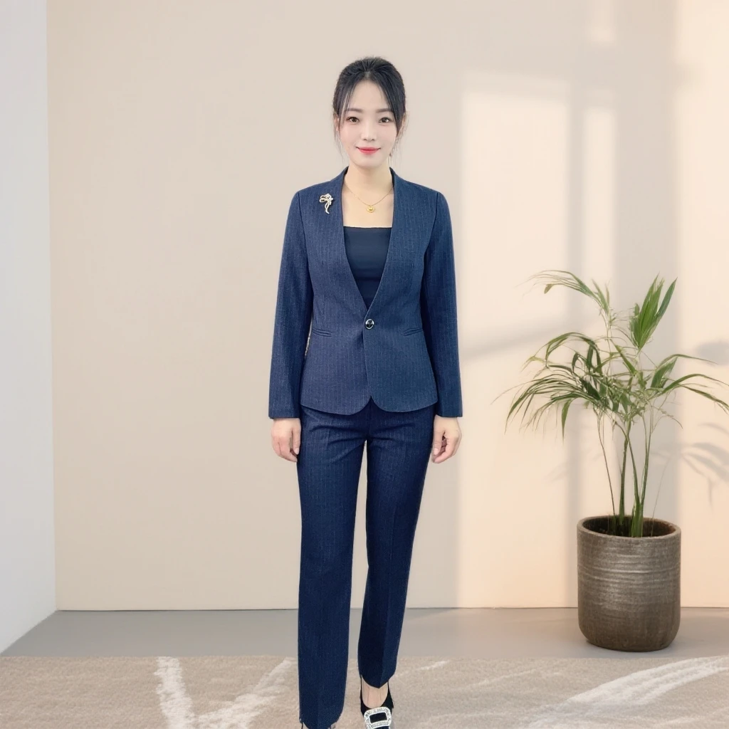 1859条纹套装时尚修身款商务通勤女士西装