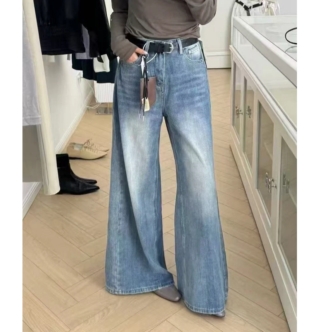 L S 薄款水洗高腰牛仔裤 褶皱慵懒风休闲风磨白仙女风牛仔裤女