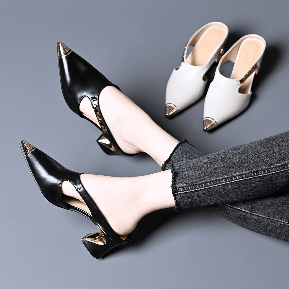 2025夏新款防踢铁头包头半拖鞋女外穿高跟尖头链条懒人一脚蹬凉拖