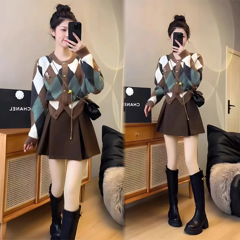 2025秋冬新款小个子美拉德针织开衫毛衣女收腰显瘦半身裙两件套