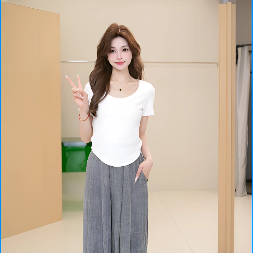 Basic House/百家好2025春夏新款时尚百搭白色T恤纯色休闲女